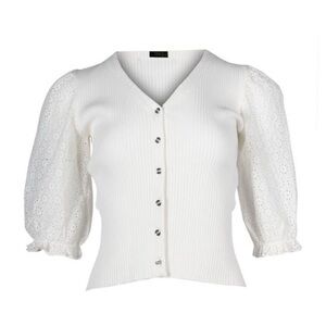 Maje - Guipure Lace Sleeve Knit Top 
Cream Ribbed Button-Up Top